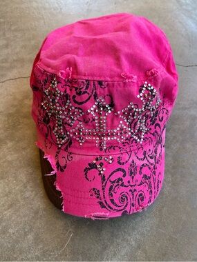 Kbethos Hot Pink Rhinestone Cross Distressed Cap